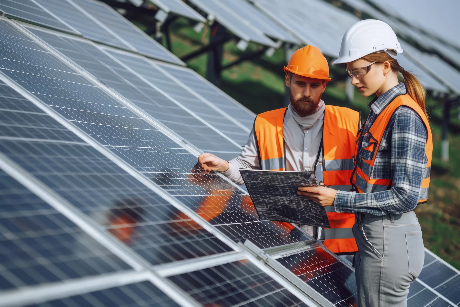 Engineers inspecting solar panels