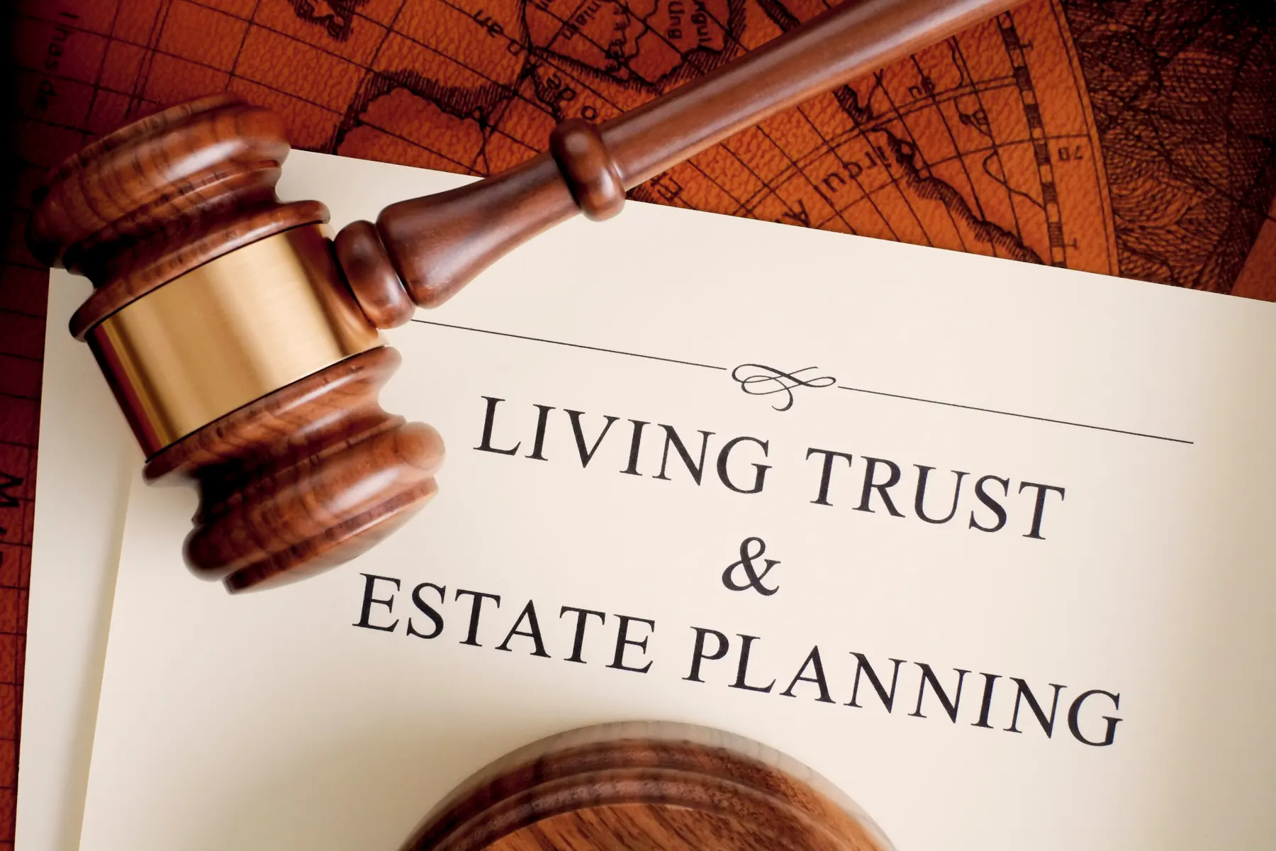 Gavel on a living trust and estate planning document